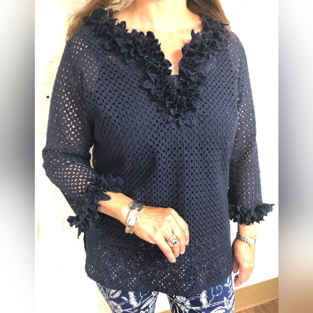 Gretchen Scott Split Neck Ruffle Top